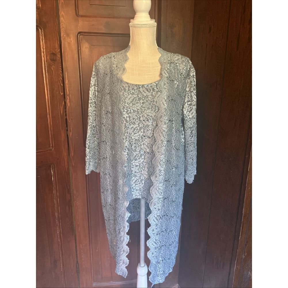 R+M Richards Turquoise Sequined Lace Jacket & Top Womens 14 Open Front
